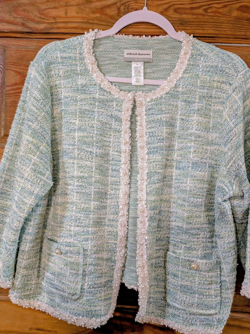 Alfred Dunner Pastel Green Tweed Pearl-Trim Jacket